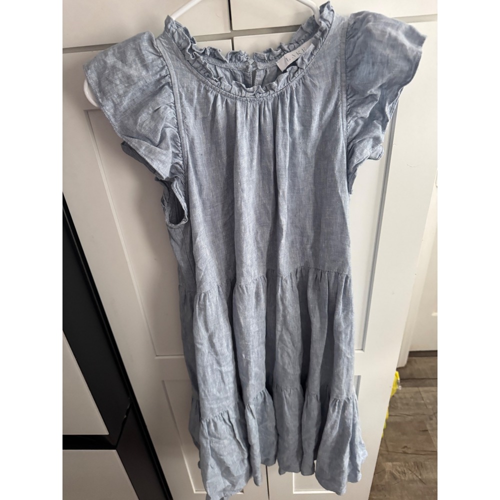 Lake Pajamas Womens Blue Linen Tiered Ruffle Flutter Sleeve Midi Dress Size M